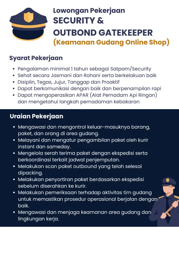 Lowongan Kerja Security Keamanan Gudang Online Shop E-Commerce