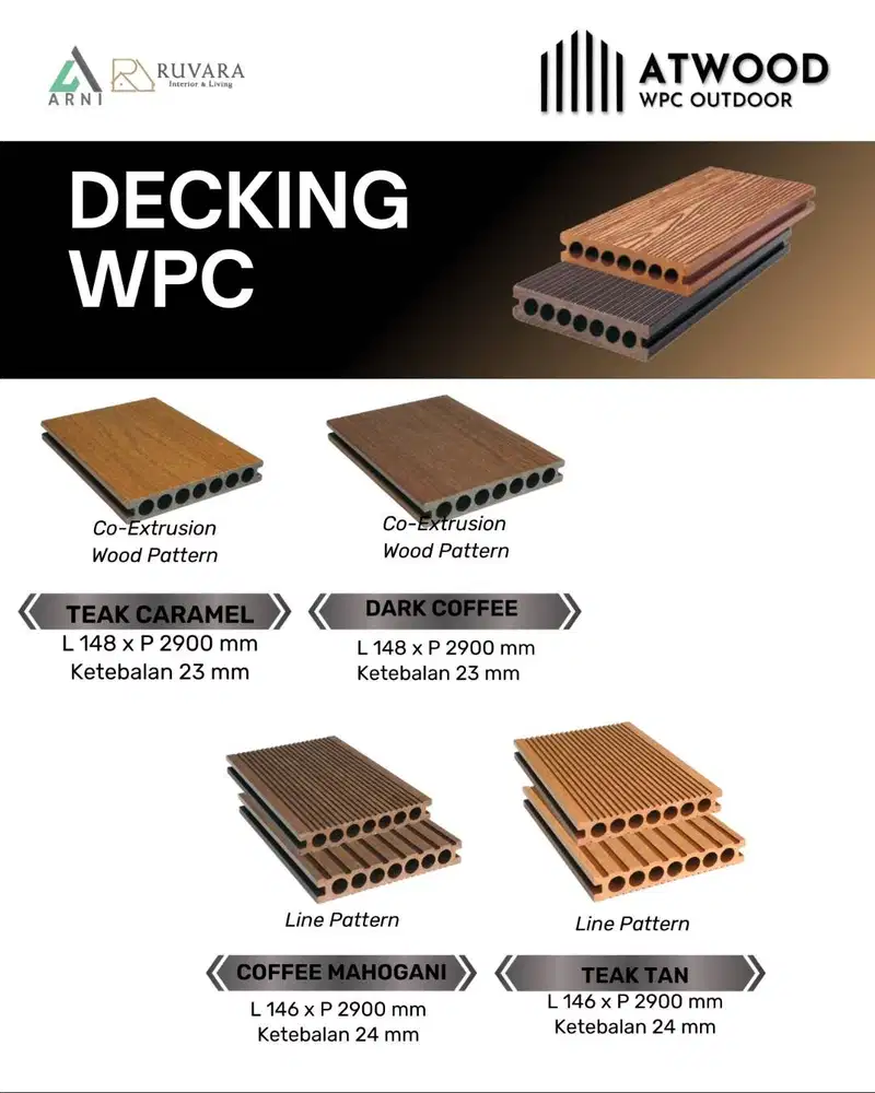 Decking Atwood Co-Extrusion 2900mm – Wood Pattern & Line Pattern WPC