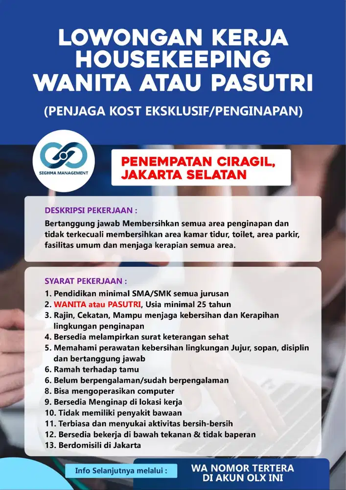 LOWONGAN PENJAGA KOST / PENGINAPAN (HOUSKEEPING) AREA JAKARTA SELATAN
