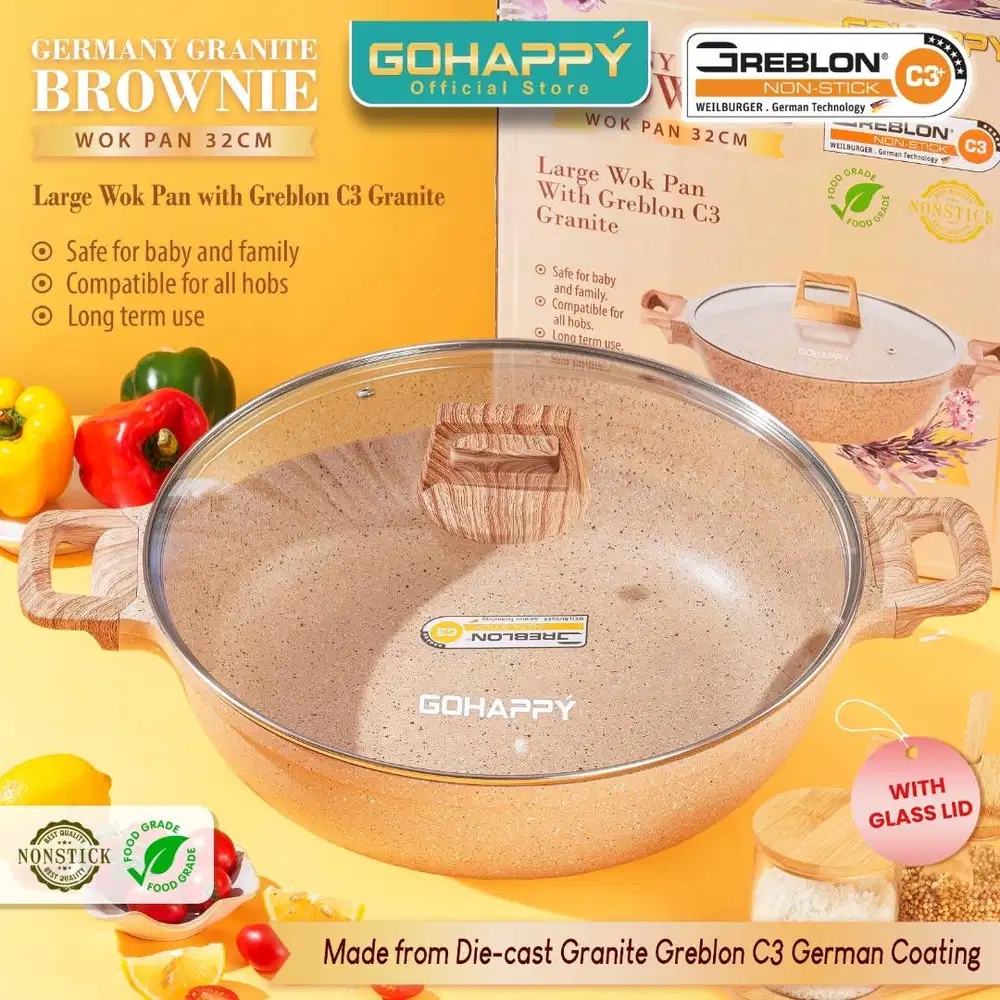 Panci Wok Pan 32cm Gohappy Germany Granite + Tutup Kaca Anti Lengket