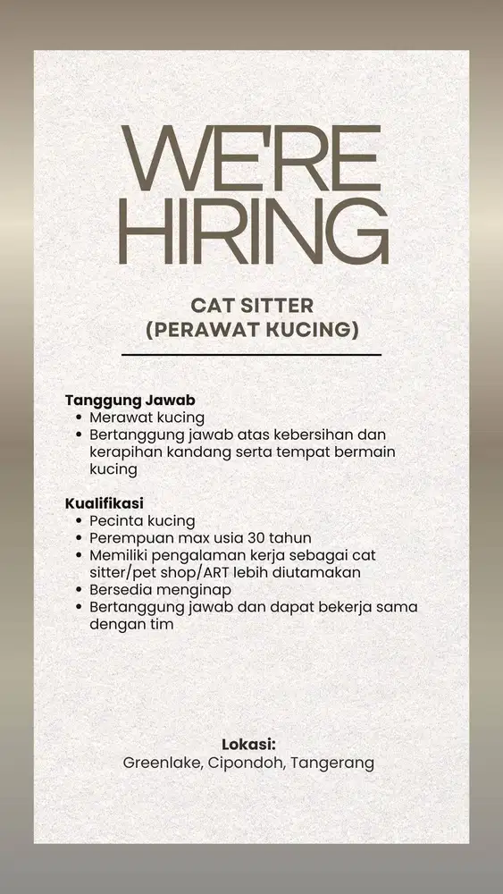 Lowongan Kerja Cat Sitter (Perawat Kucing)