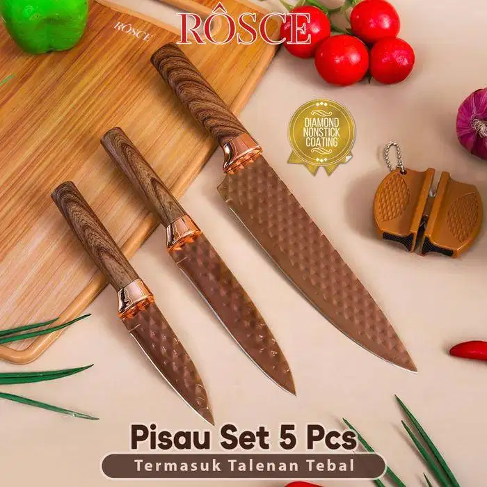 ROSCE PISAU SET 5PCS Terlengkap talenan pengasah pisau titanium