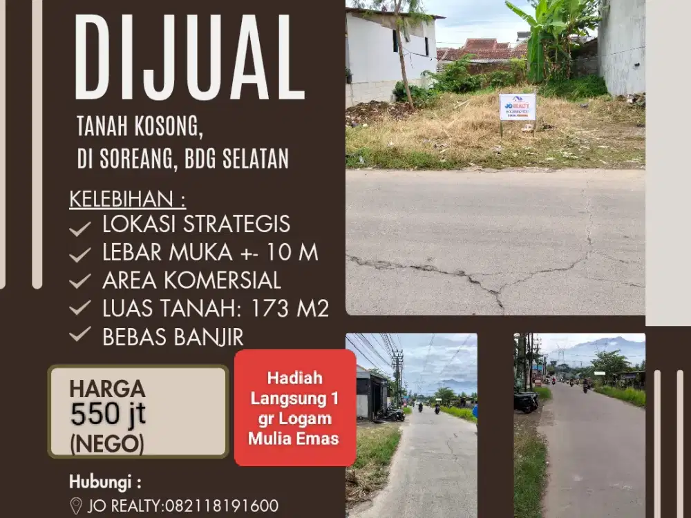 Tanah Kosong Pinggir Jalan Raya, Strategis, Cocok untuk usaha kuliner, bengkel, fitness,usaha sembako, Ruko, dll