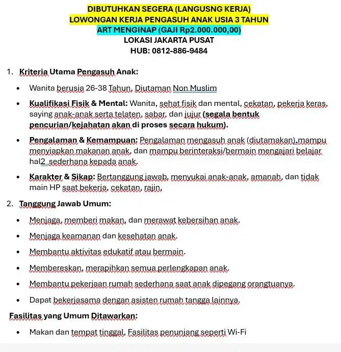 Butuh Segera. Lowongan kerja pengasuh anak, art menginap