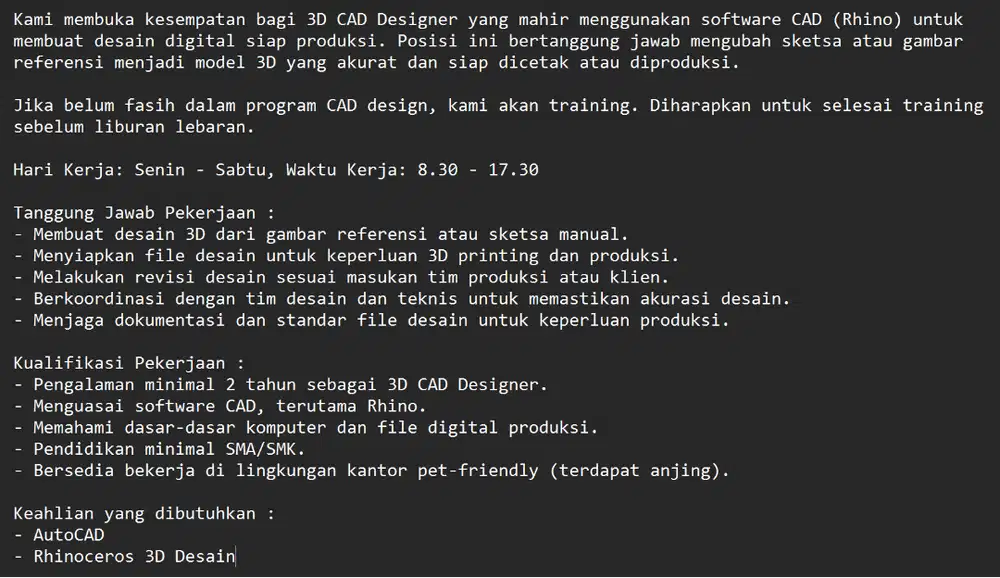 DICARI 3D CAD DESIGNER. BASIC GRAPHIC DESIGN DAPAT APPLY