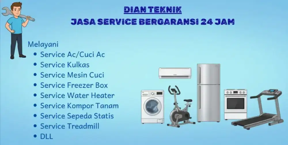 Service AC, mesin cuci, kulkas,kompor tanam, treadmill, sepeda statis