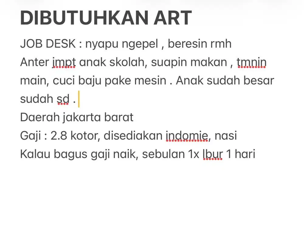 Dibutuhkan art rumah tangga
