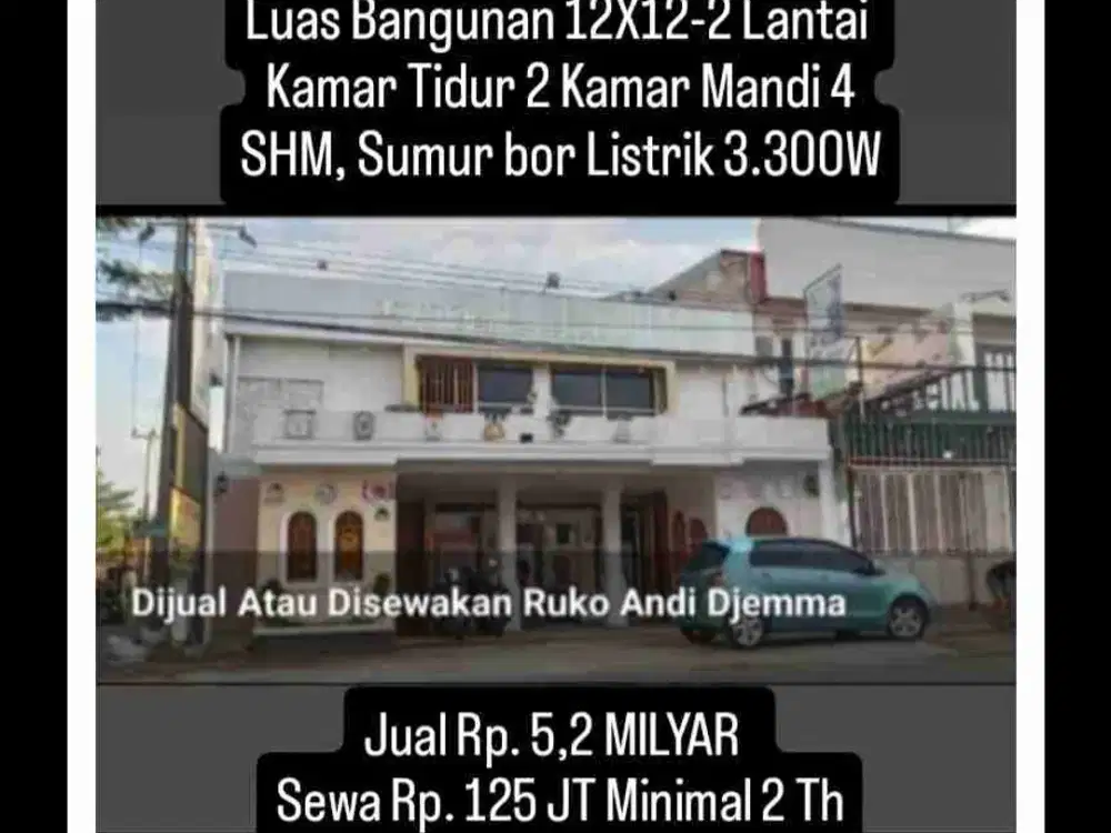 Dijual atau Disewakan 
Ruko Andi Djemma/ Landak Baru 
Luas Tanah 12X17
Luas Bangunan 12X12-2 Lantai 
Kamar Tidur 2
Kamar Mandi 4
SHM, Sumur bor
Listrik 3.300W
Jual Rp. 5,2 MILYAR 
Sewa Rp. 125 JT
Minimal 2 Th