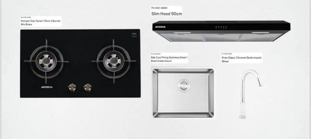 Kompor Gas Tanam 2 burner , Slim Hood 90cm, Bak Cuci Piring MODENA