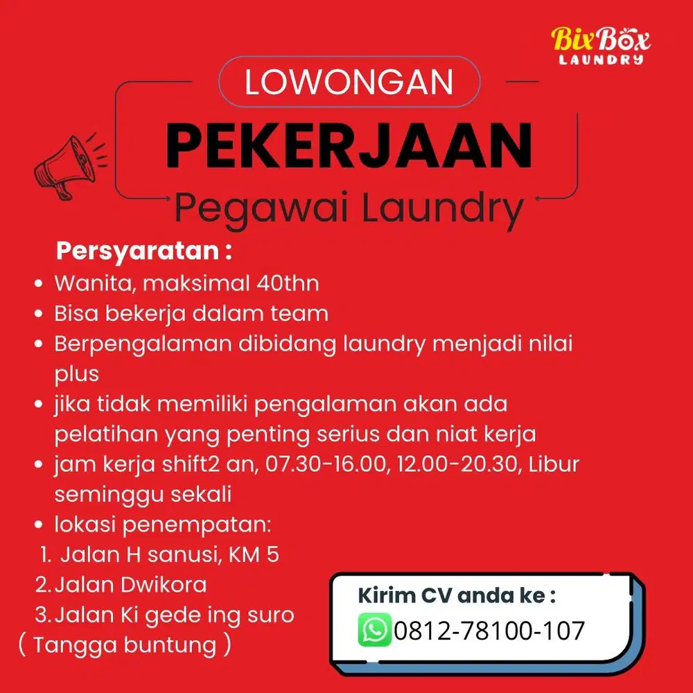Dibutuhkan segera pegawai laundry