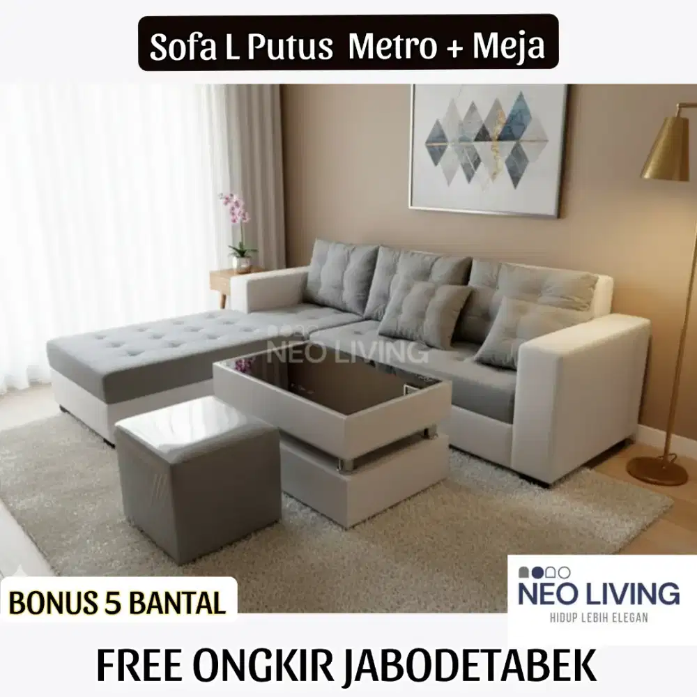 Sofa L putus Metropolitan + meja + stool. Sofa ruang tamu minimalis