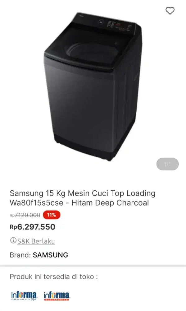 Mesin cuci samsung 15KG toploading