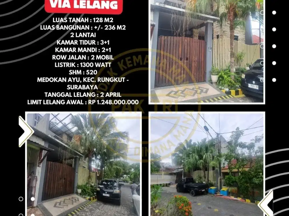 DIJUAL VIA LELANG : RUMAH MEDOKAN AYU SURABAYA 2 LANTAI – LUAS 128 M2