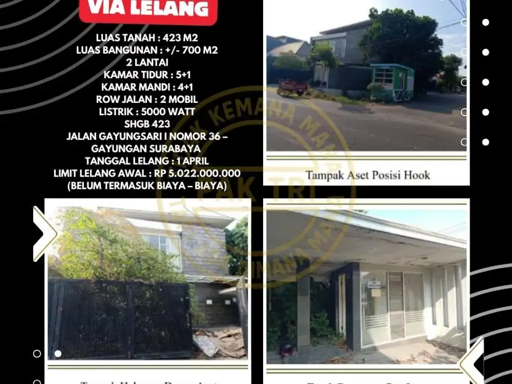 DIJUAL VIA LELANG : RUMAH GAYUNGAN RUNGKUT SURABAYA (2 LANTAI) – LUAS 423 M2