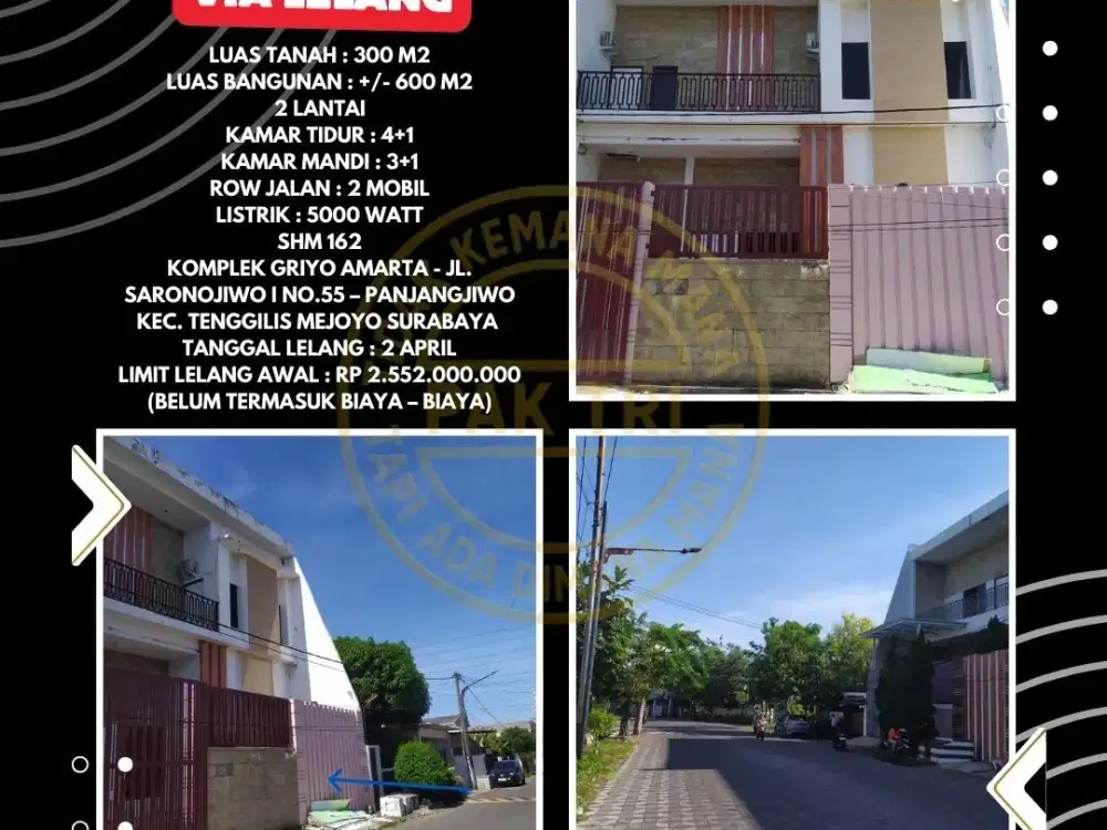 DIJUAL VIA LELANG : RUMAH DI PANJANGJIWO – TENGGILIS MEJOYO SURABAYA (2 LANTAI) – LUAS 300 M2