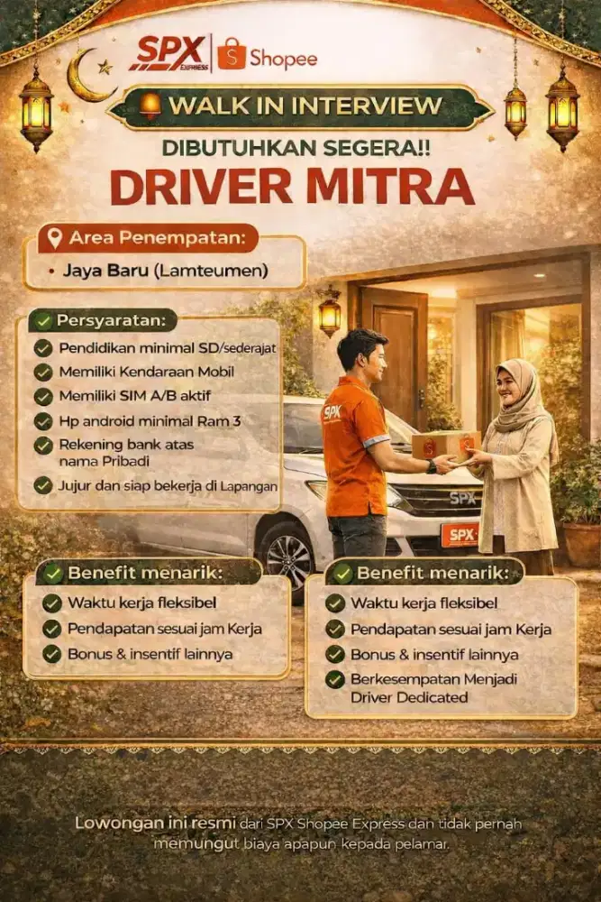 Dibutuhkan segera lowongan Driver Mitra Spx Shopee