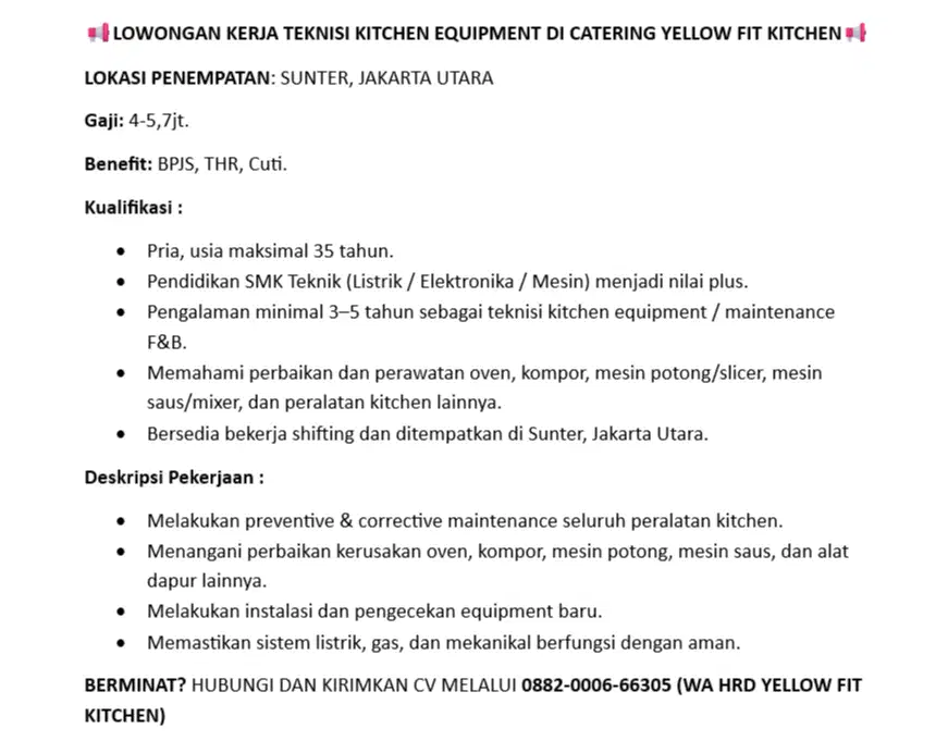 Teknisi Kitchen Equipment