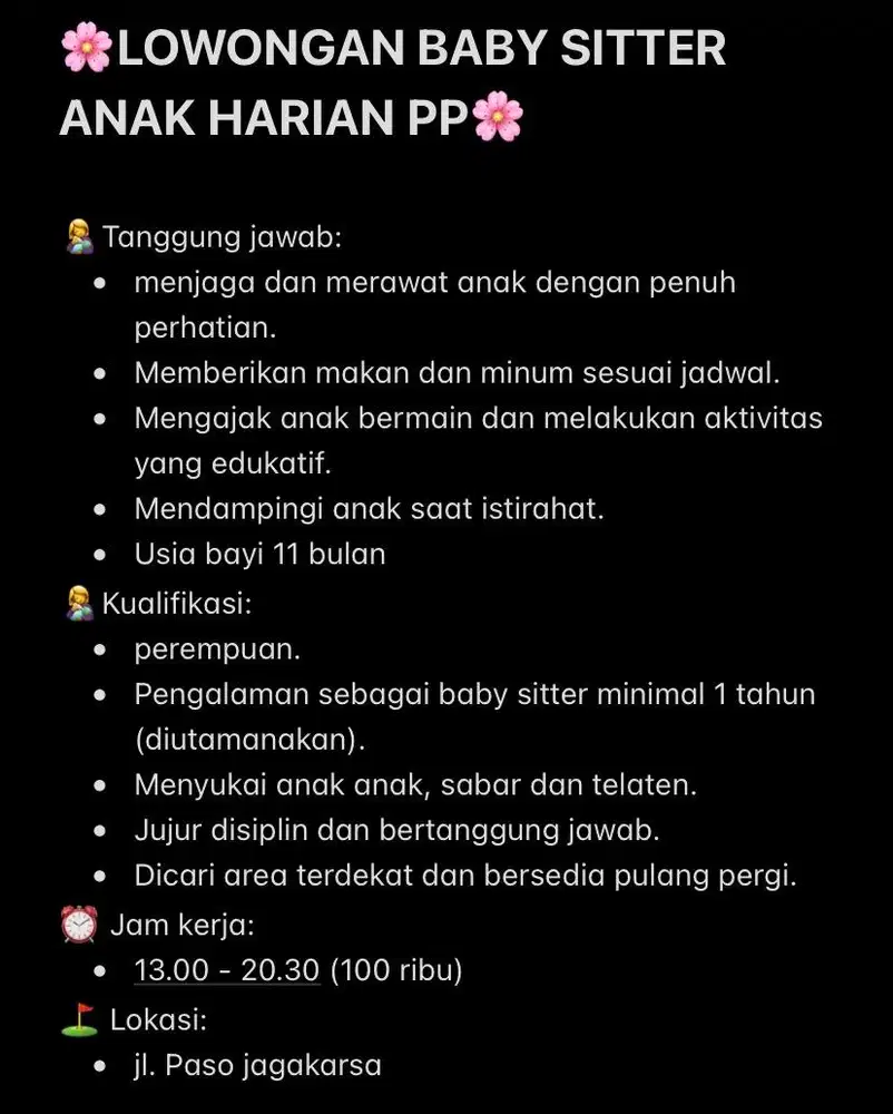 Dibutuhkan segera baby sitter harian pp