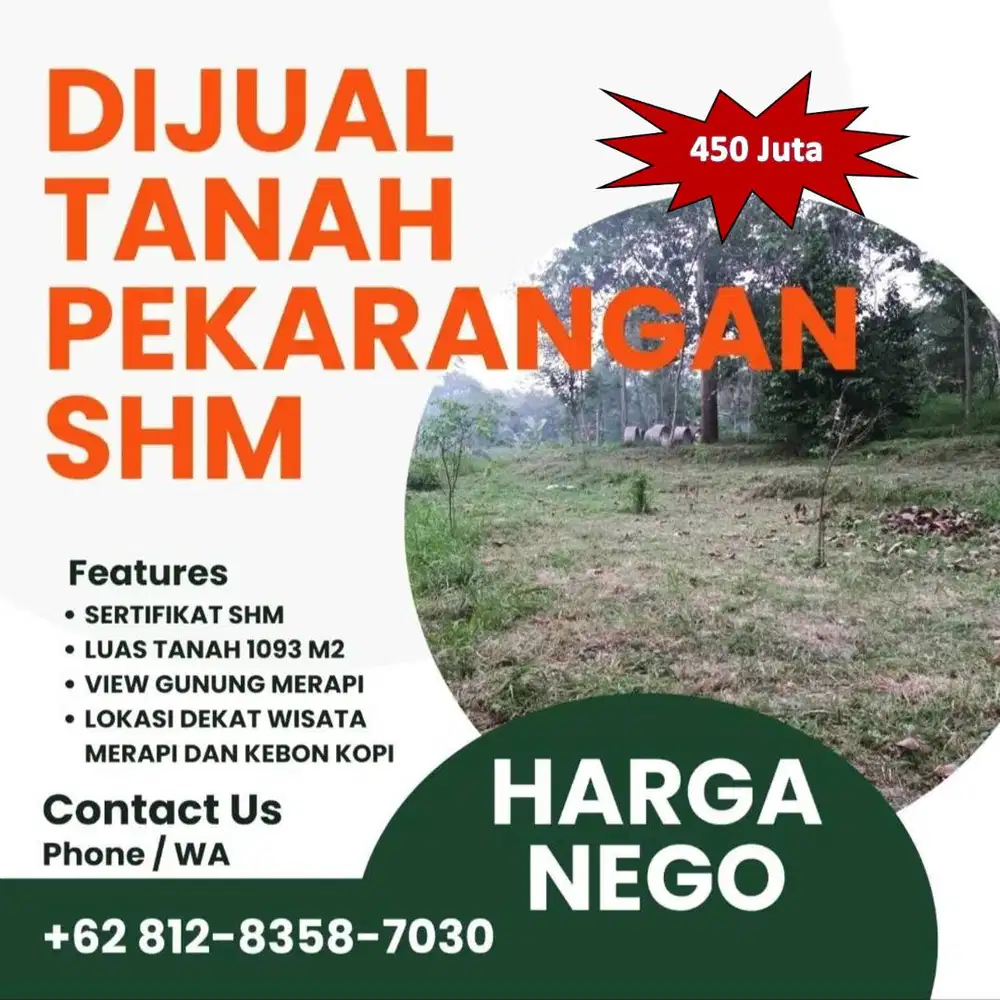 Tanah Strategis Dekat Wisata Merapi – Luas 1.093 m² Harga 450 Juta