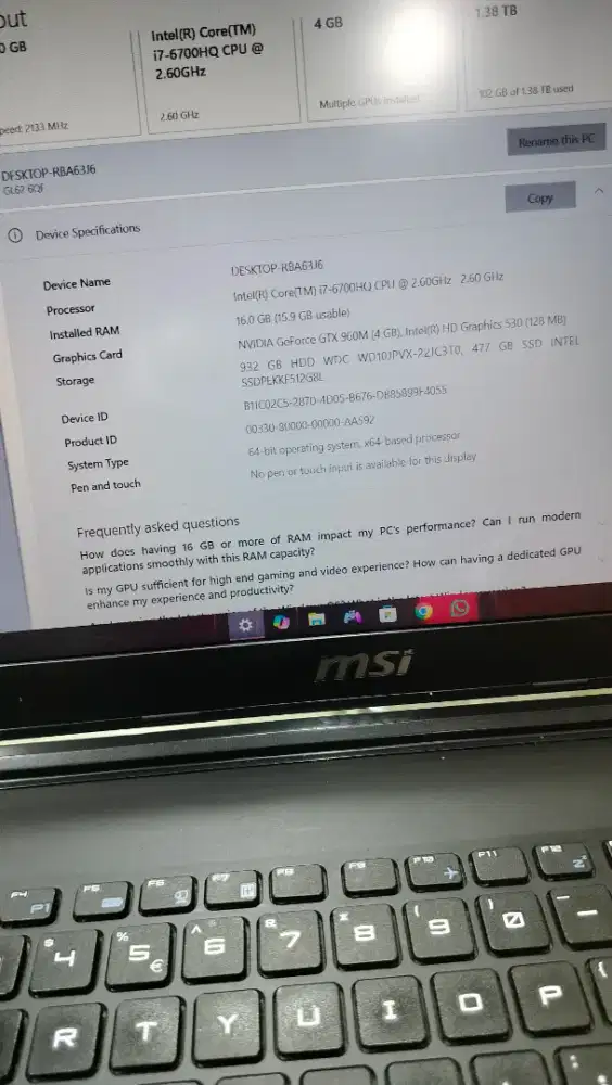 laptop gaming MSI GL62