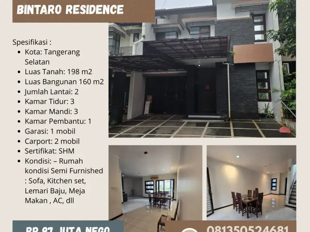 DISEWAKAN PERUMAHAN BINTARO RESIDENCE