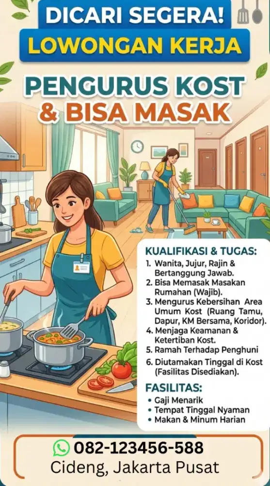 Dicari pegawai/ART Kos2an. Urus Kebersihan & Bisa Masak