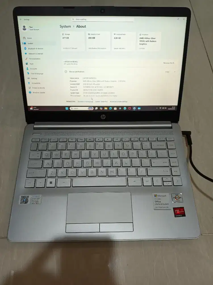 Laptop HP 14s DK1524AU Silver AMD Athlon 3050U Ram 4/512GB