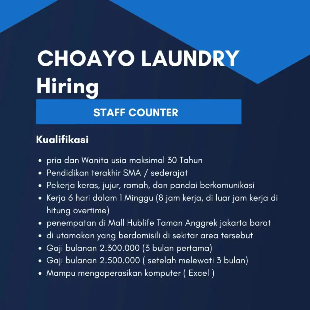 Dibutuhkan staf counter Laundry