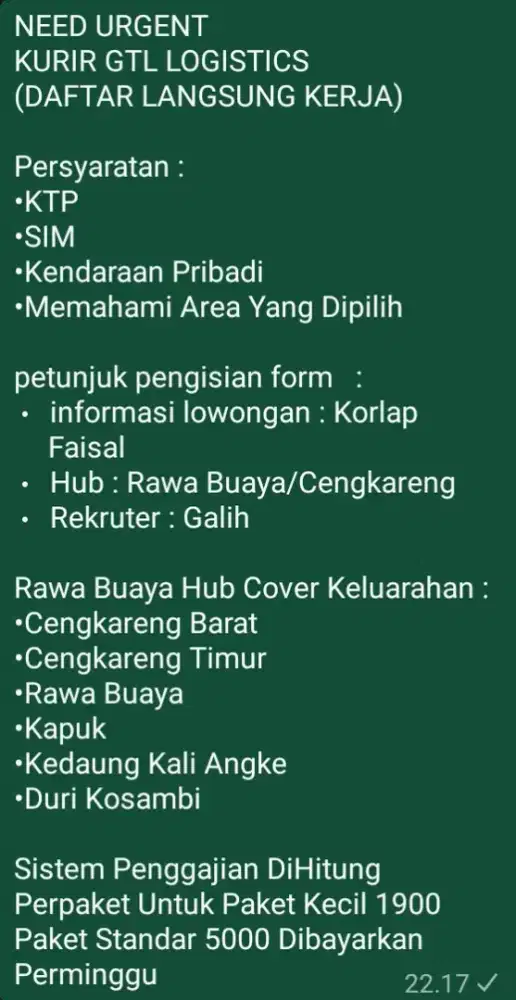NEED URGENT
KURIR GTL LOGISTICS
(DAFTAR LANGSUNG KERJA)