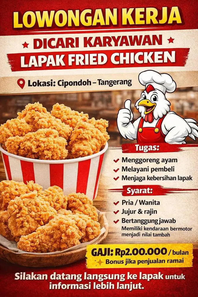 Lowongan Kerja Karyawan Lapak Fried Chicken – Cipondoh Tangerang