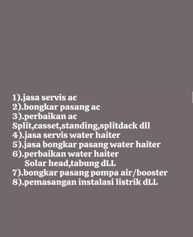Jasa servis/cuci ac bongkar pasang ac water heater instalasi listrik