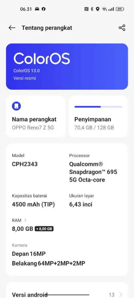 Oppo Reno 7z 8+8 internal 128