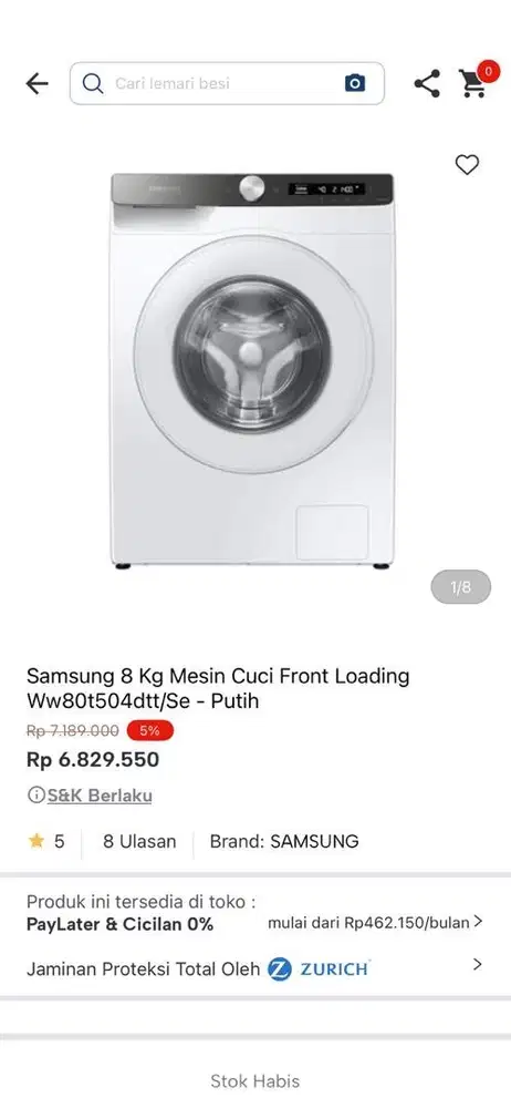 mesin cuci samsung front loading 8kg ww80t