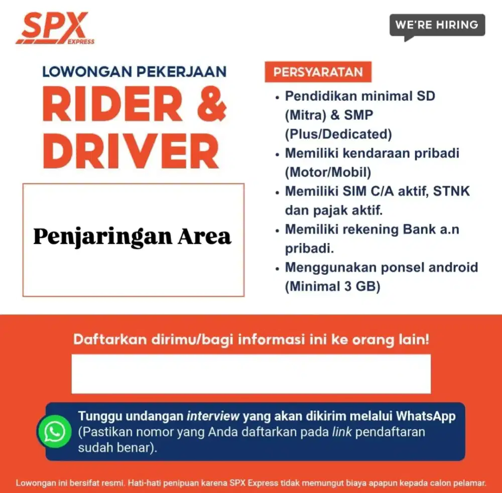 URGENT NEEDED kurir motor Dan kurir mobil SPX Express JAKARTA