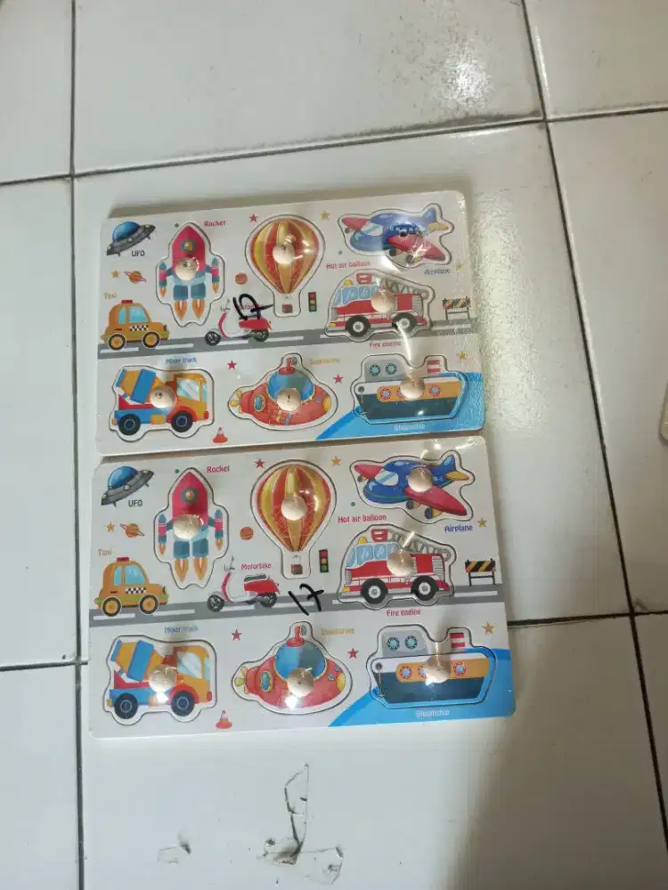 Mainan anak puzzle kayu pin transportasi