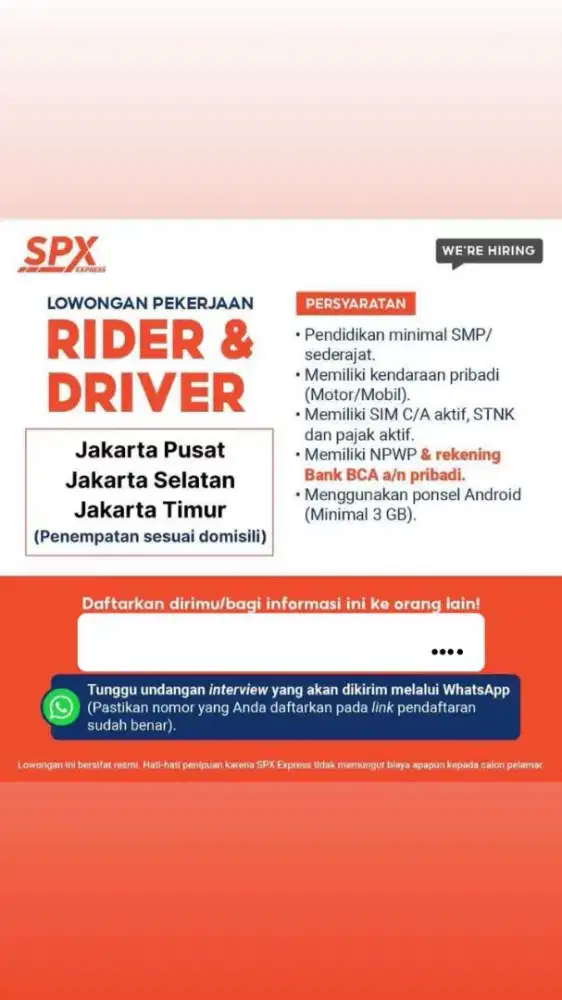 LOWONGAN KERJA SPX EXPRESS KURIR MOTOR DAN KURIR MOBIL AREA JAKARTA