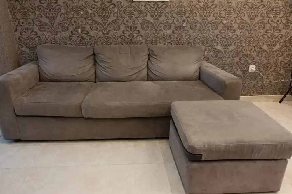 Sofa L Shape Abu-Abu + Ottoman / Sofa Sudut Minimalis Bekas