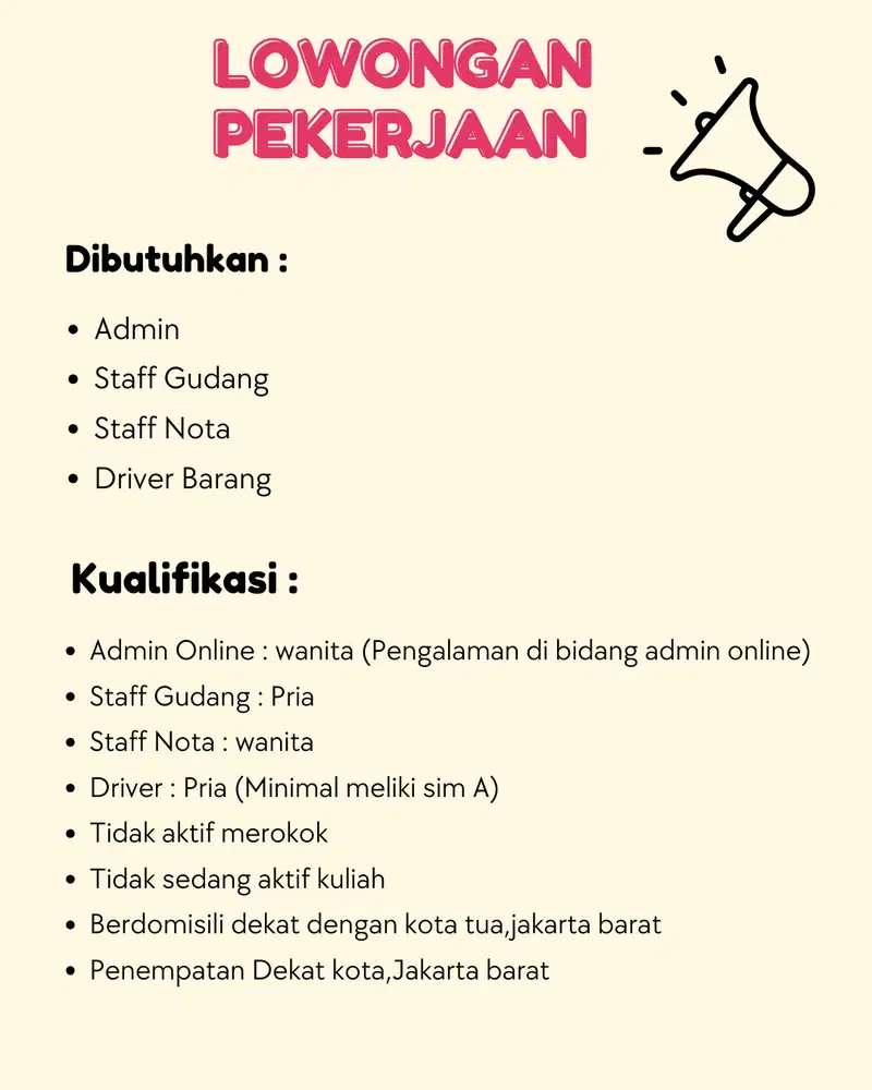 DIBUKA LOWONGAN ADMIN ONLINE,STAFF GUDANG,STAFF NOTA DAN DRIVER