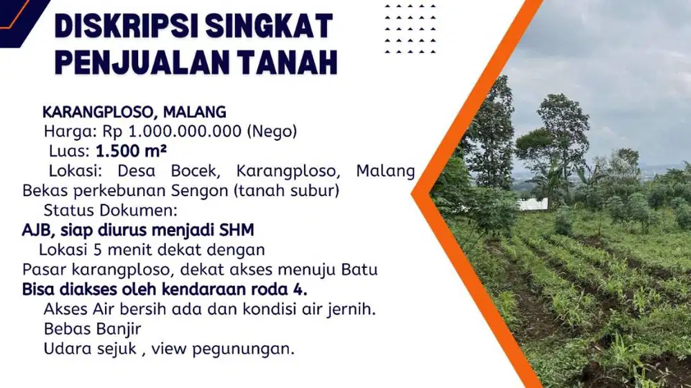 Dijual Cepat Tanah dekat Pasar Karangploso Kab Malang