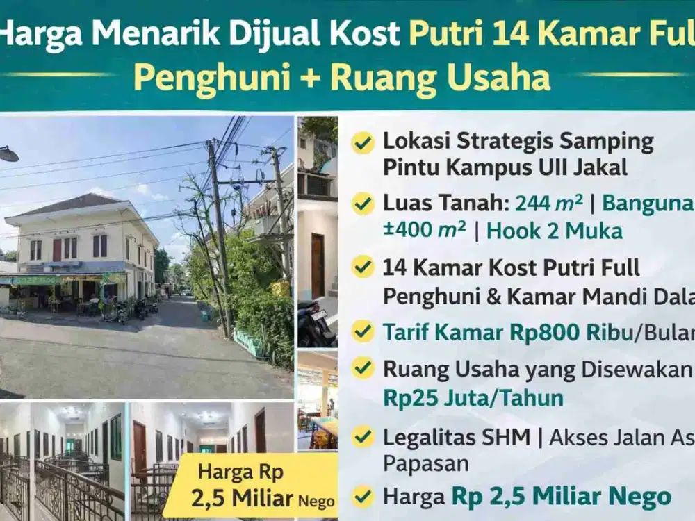 Dijual Kost Putri 14 Kamar Full Penghuni Depan Kampus UII Jakal, SHM, Ada Ruang Usaha