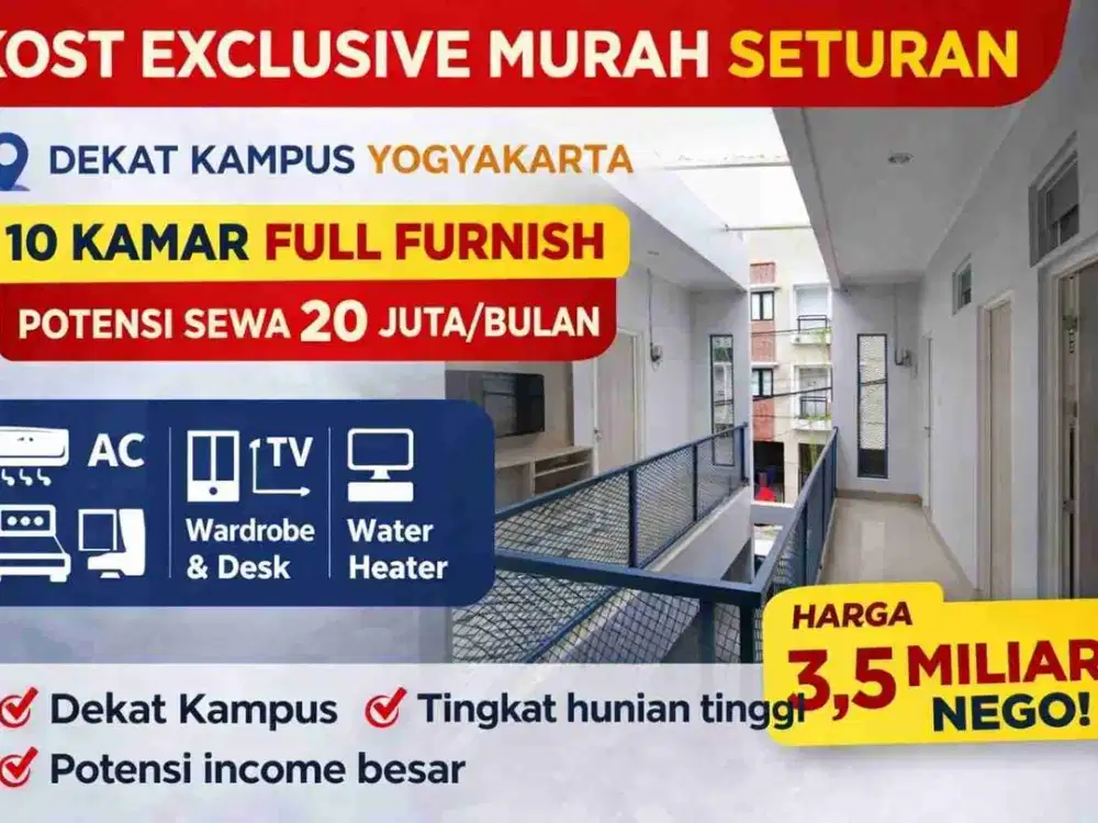 Kost Exclusive Seturan Dekat Kampus – 10 Kamar Full Furnish, Potensi Sewa 20 Juta/Bulan