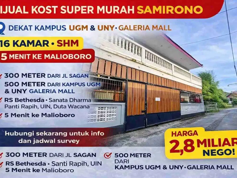 Kost 16 Kamar Murah Samirono Dekat UGM & UNY – SHM, Area Kost Premium