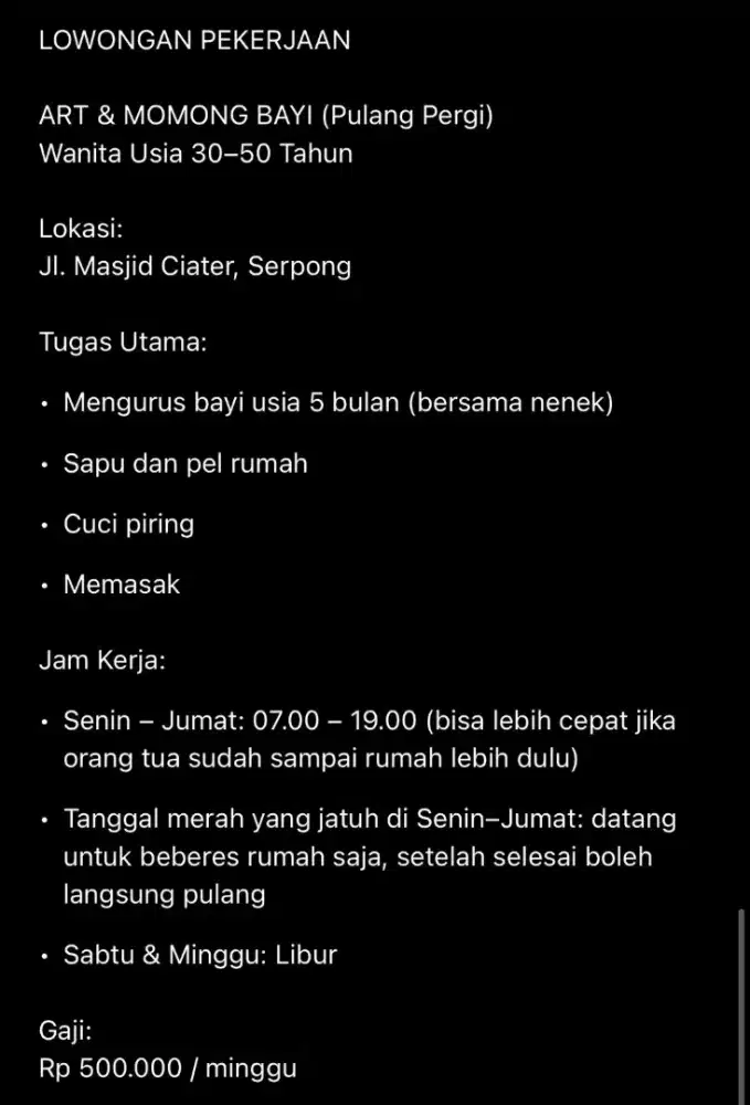 Lowongan momong bayi dan beberes rumah