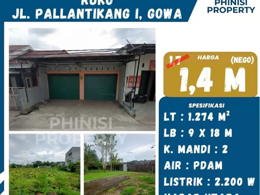 Dijual Ruko + Tanah Kosong Luas Jalan Pallantikang Gowa dekat Syech Yusuf