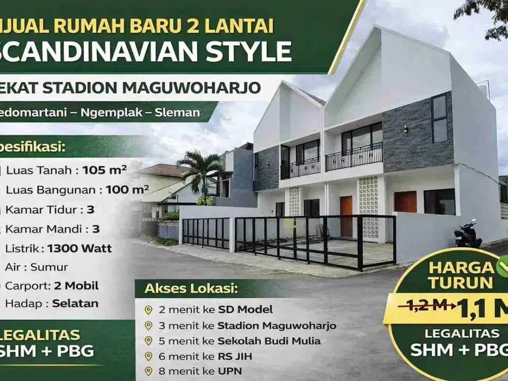 Rumah Baru 2 Lantai Scandinavian Style Dekat Stadion Maguwoharjo, Wedomartani Sleman – SHM, Harga Turun 1,1 M