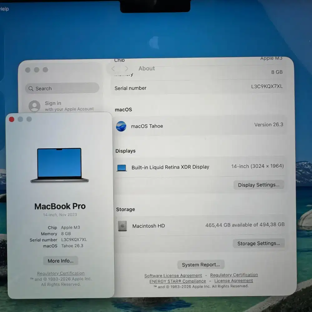 Macbook Pro M3 14 Inch Ram 8 Ssd 512  lengkap full set like grey