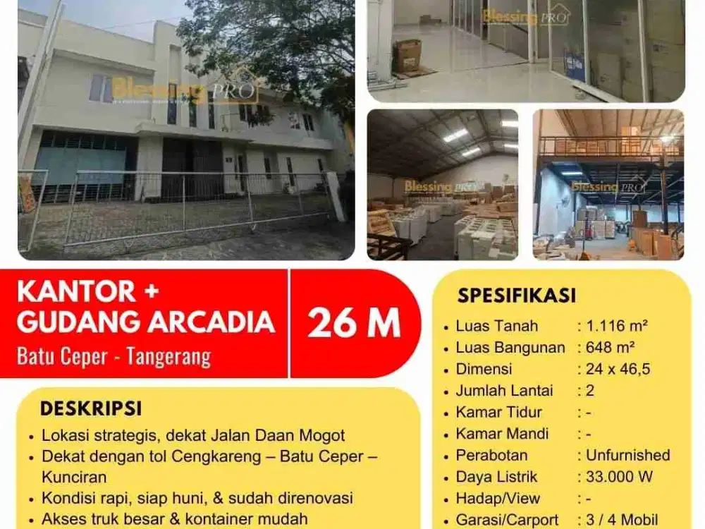 Dijual Gudang plus kantor Arcadia batuceper Tangerang