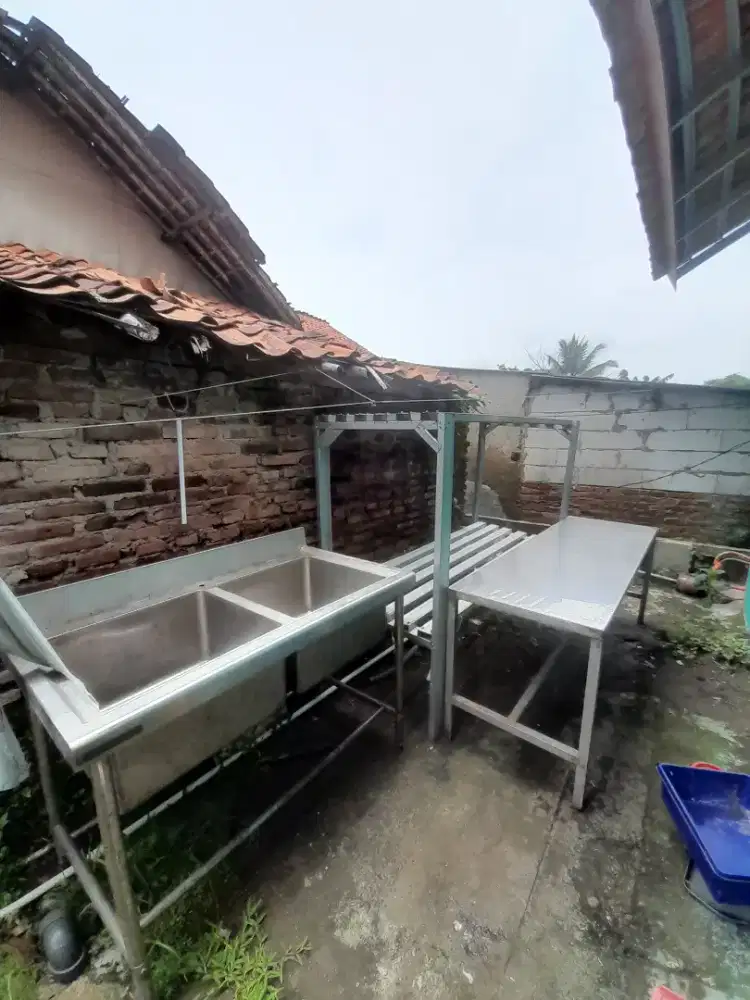 Meja stainless, sink, rak