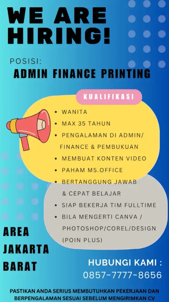 Dibutuhkan Admin - Jembatan Lima, Jakarta Barat