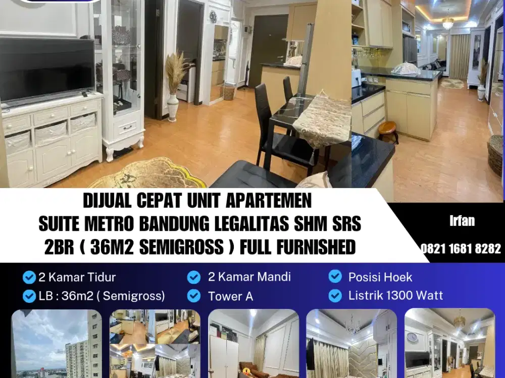 Dijual Cepat Unit Apartemen Suite Metro Bandung Siap Huni,
2 Kamar Tidur, Full Furnished, Legalitas SHM SRS

Strategis mainroad jl.Soekarno-hatta Bandung